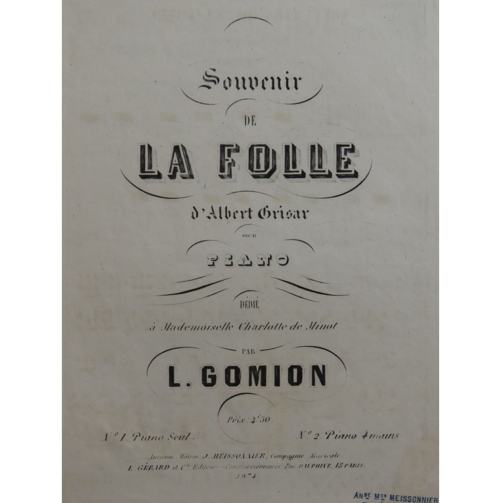 GOMION L. Souvenir de la Folle Piano ca1880