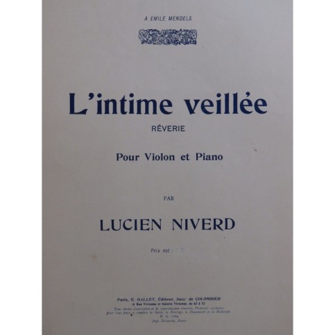 NIVERD Lucien L'Intime veillée Violon Piano ca1910