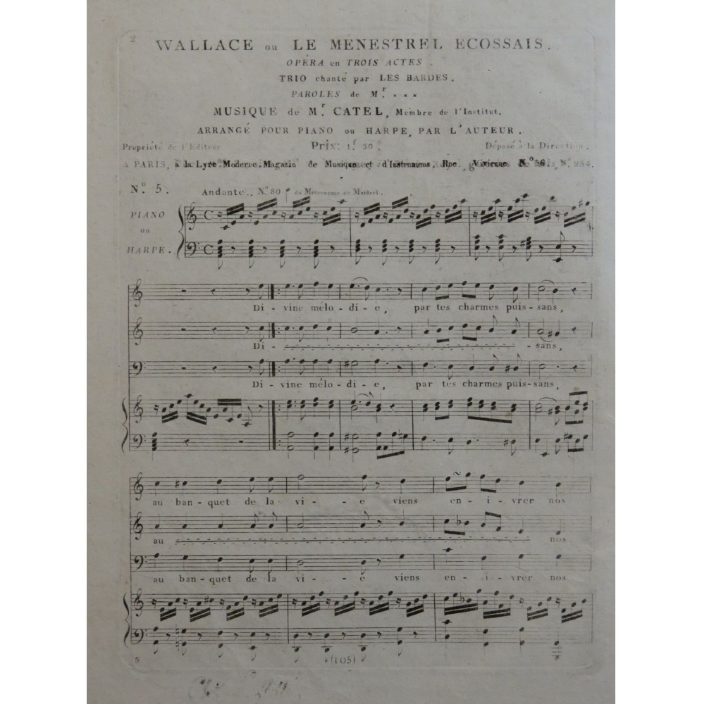 CATEL Ch. S. Wallace ou Le Ménestrel Ecossais No 5 Chant Piano ou Harpe ca1810