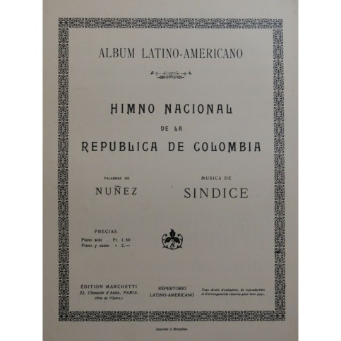 SINDICE Himno Nacional de la Republica de Colombia Chant Piano