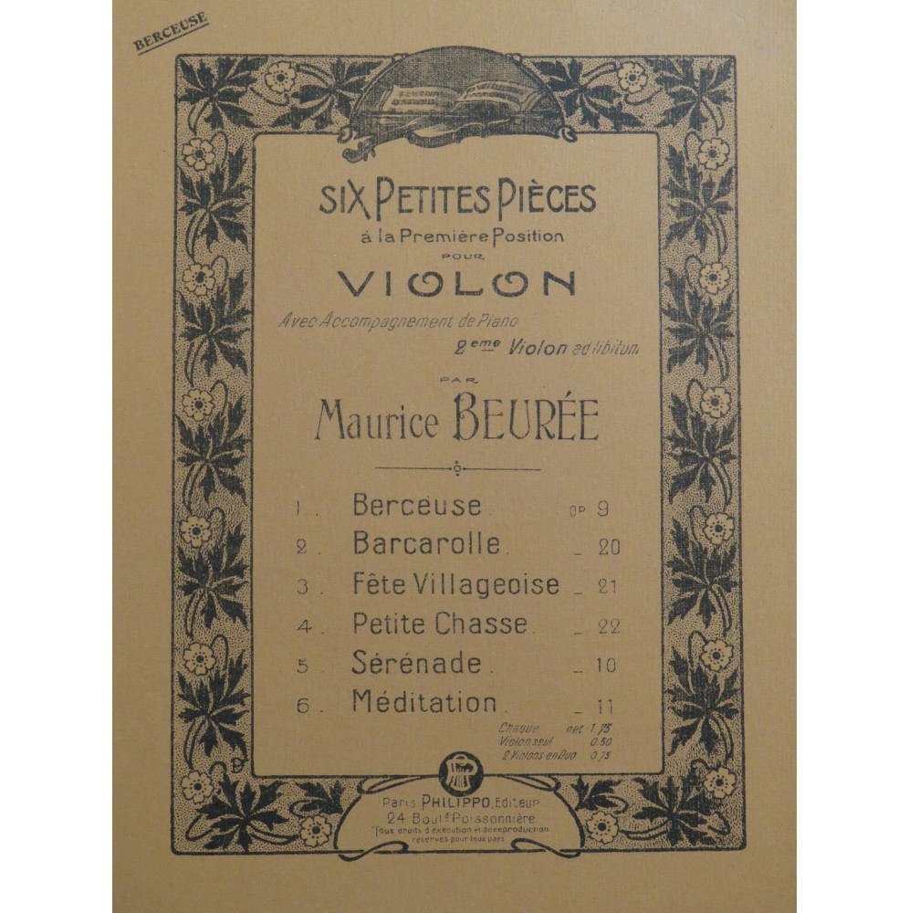 BEURÉE Maurice Berceuse Violon Piano ca1913