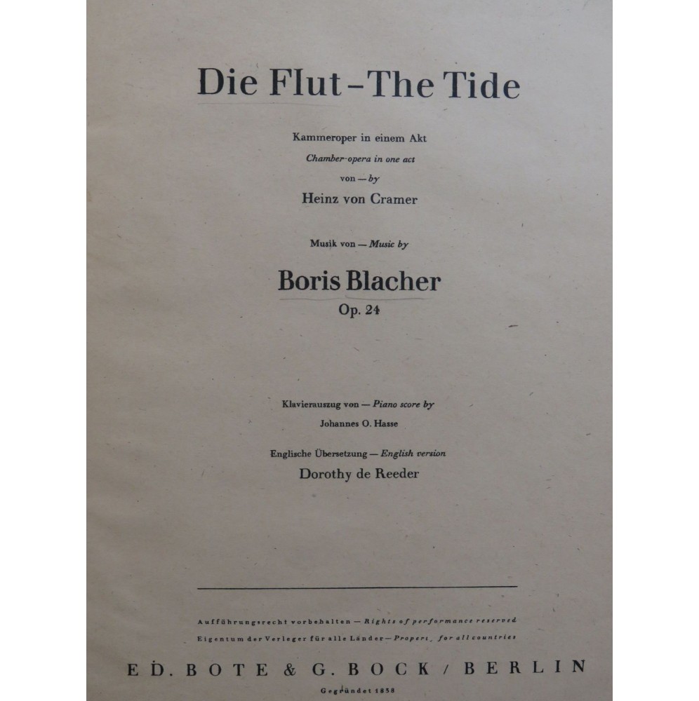 BLACHER Boris Die Flut The Tide Opéra Chant Piano 1947