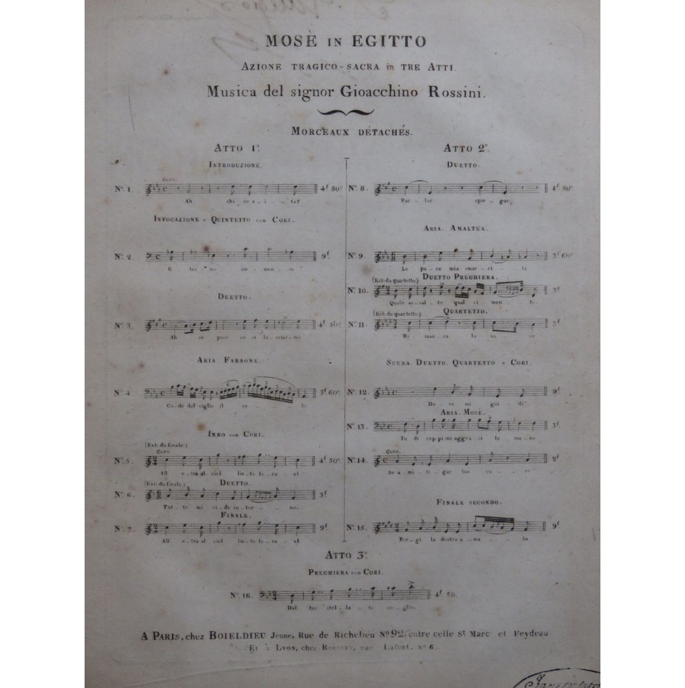 ROSSINI G. Mosè in Egitto No 12 Chant Piano ca1825