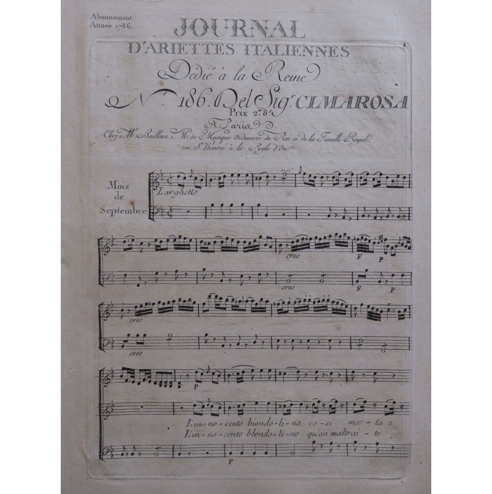 CIMAROSA Domenico L'innocente biondolina Chant Orchestre 1786