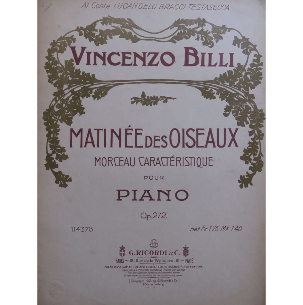 BILLI Vincenzo Matinée des Oiseaux Piano 1912
