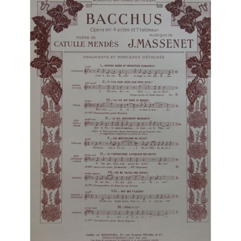 MASSENET Jules Bacchus No 3 Chant Piano 1909