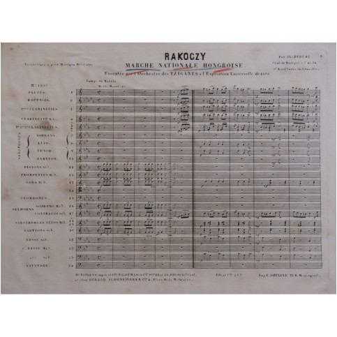 DUREAU Th. Rakoczy Marche Nationale Hongroise Fanfare Orchestre ca1880