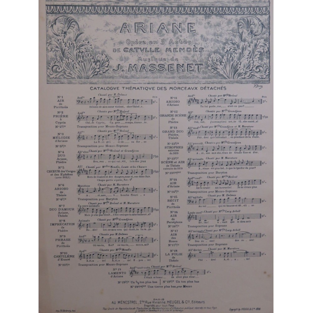 MASSENET Jules Ariane No 10 Cantilène Chant Piano 1906