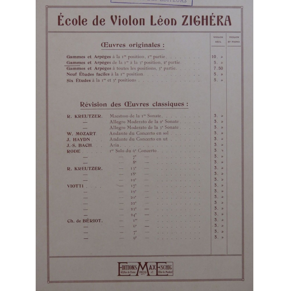 ZIGHÉRA Léon Gammes et Arpèges 2e Partie Violon 1935