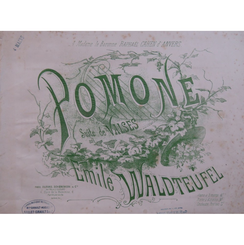 WALDTEUFEL Émile Pomone Suite de Valses Piano 4 mains ca1878