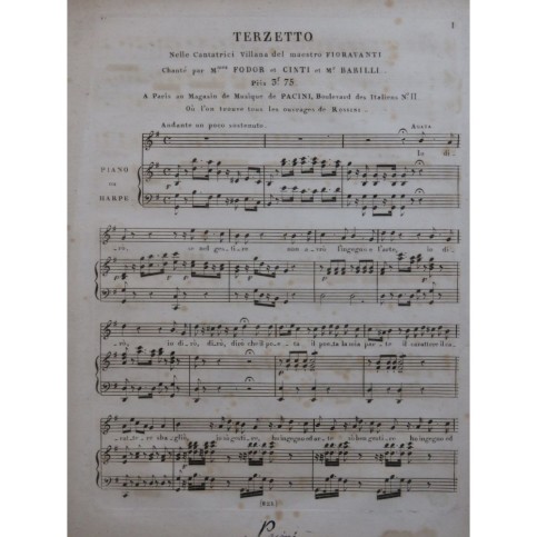 FIORAVANTI Valentino La Cantatrici Villane Terzetto Chant Piano ou Harpe ca1810