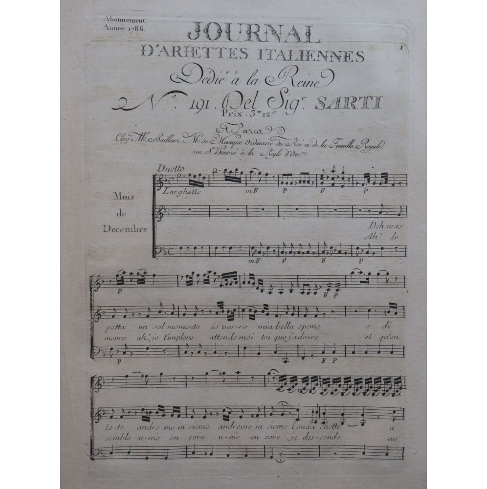 SARTI Giuseppe Deh maspetta Chant Orchestre 1786