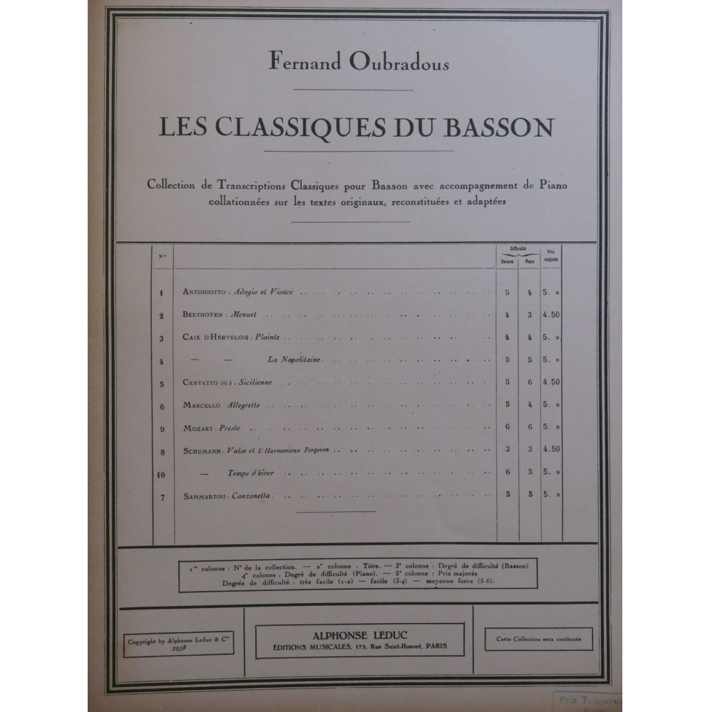 SCHUMANN Robert Temps d'Hiver Piano Basson 1938
