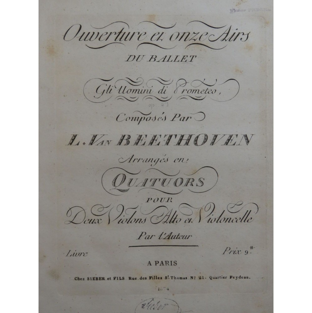 BEETHOVEN Ouverture et onze Airs Gil Uomini di Prometeo Violon ca1820