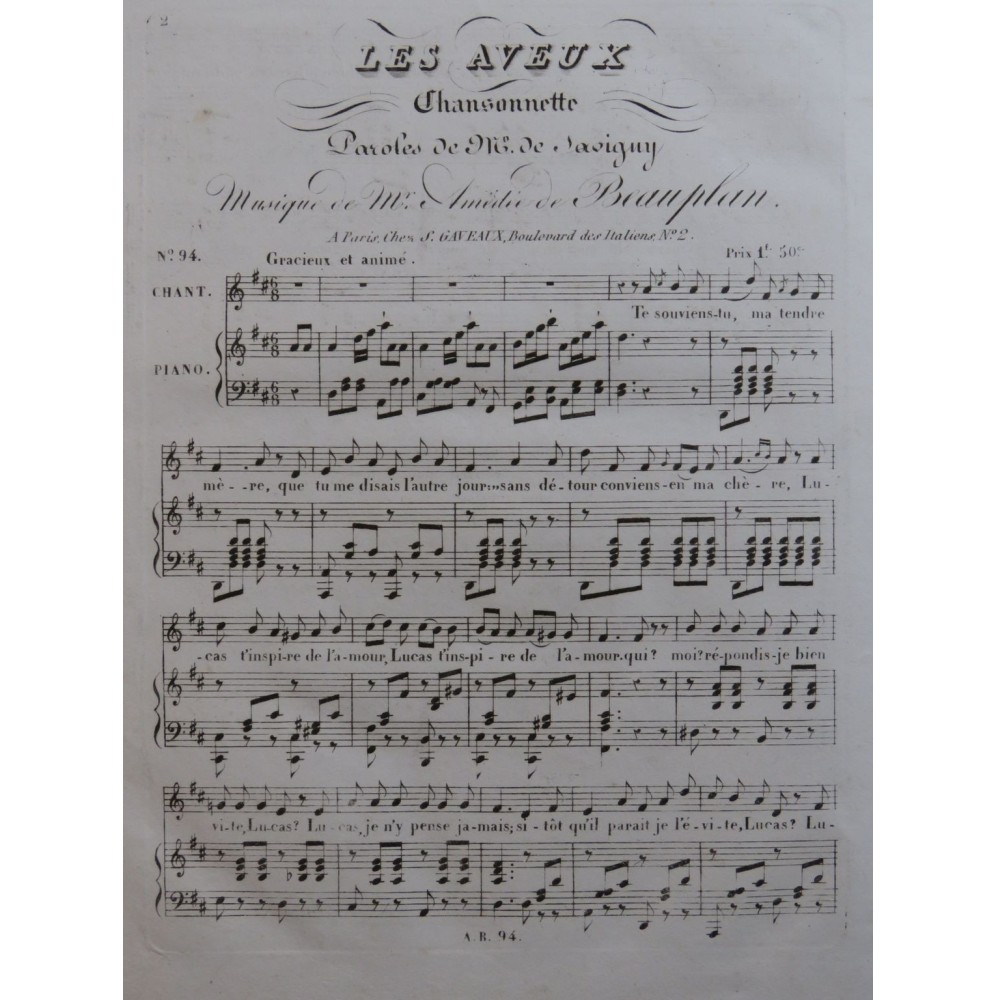 DE BEAUPLAN Amédée Les Aveux Chant Piano ca1830