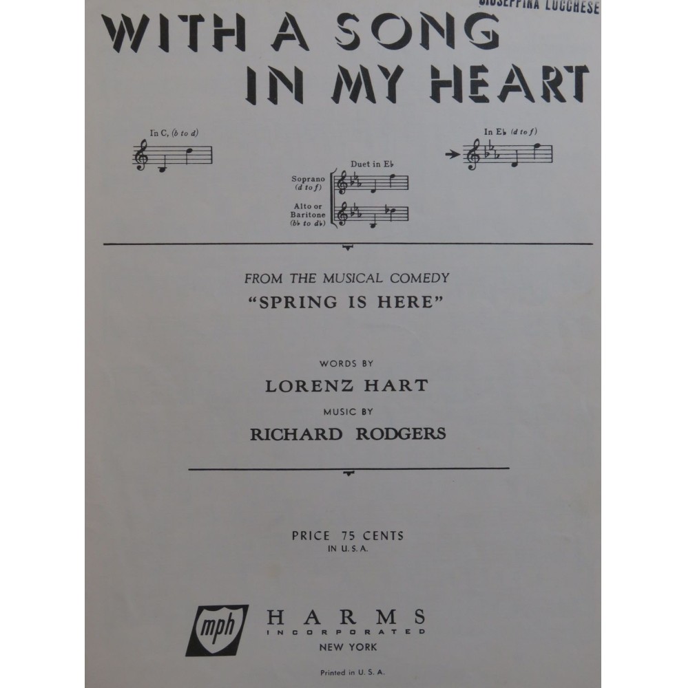 RODGERS Richard With A Song In My Heart Chant Piano 1929