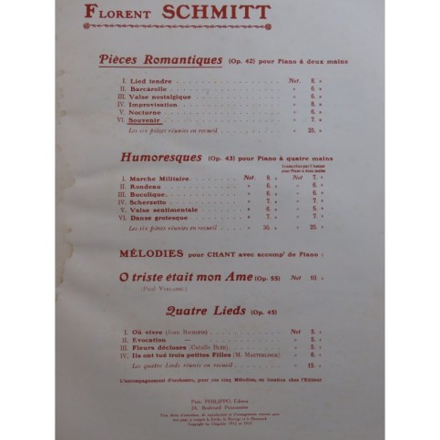 SCHMITT Florent Souvenir Chant Piano 1913