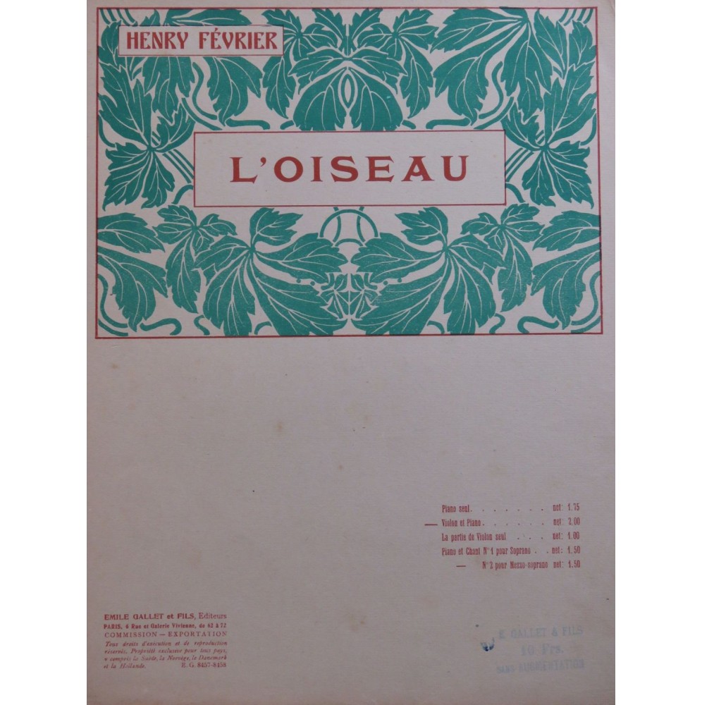 FÉVRIER Henry L'Oiseau Piano Violon ca1930