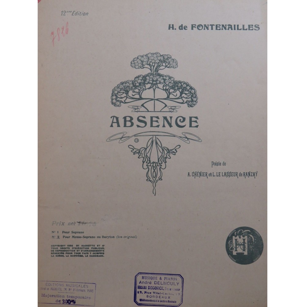 DE FONTENAILLES H. Absence Chant Piano 1898