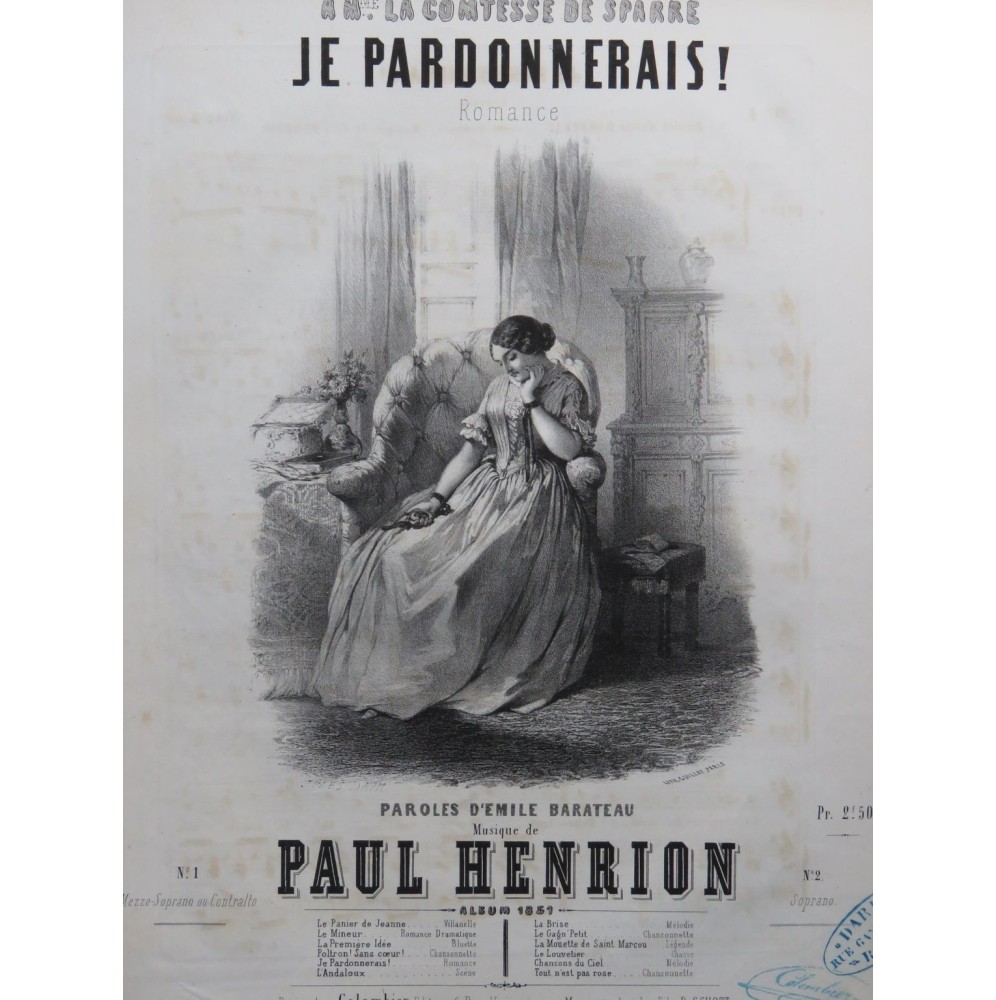 HENRION Paul Je Pardonnerais ! Chant Piano 1851