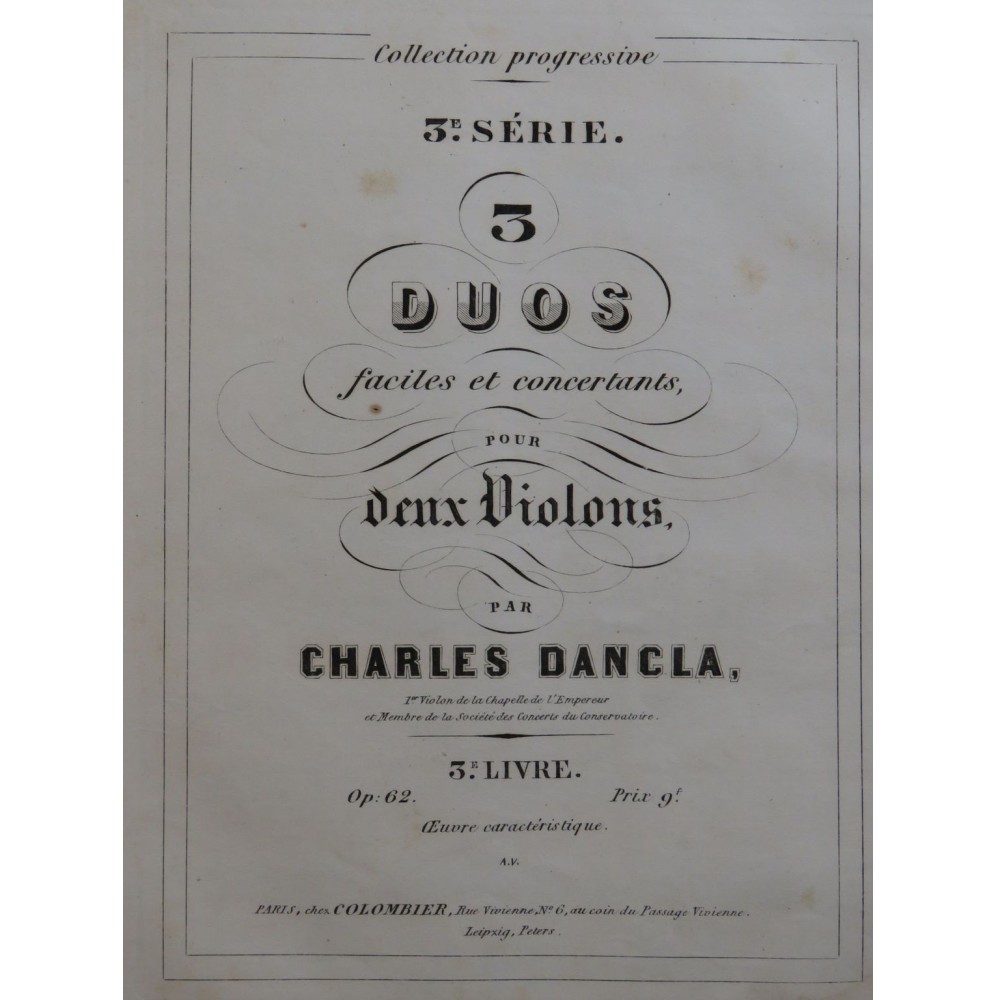 DANCLA Charles Trois Duos Faciles op 62 pour 2 Violons ca1850