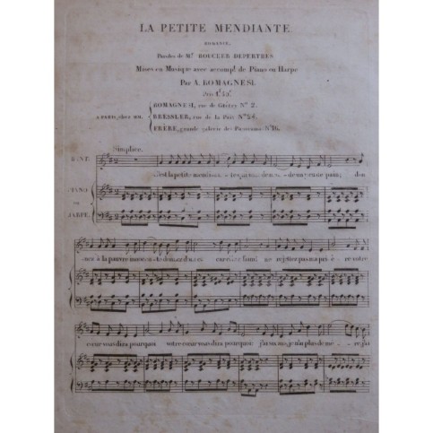 ROMAGNESI Antoine La Petite Mendiante Chant Piano ou Harpe ca1820