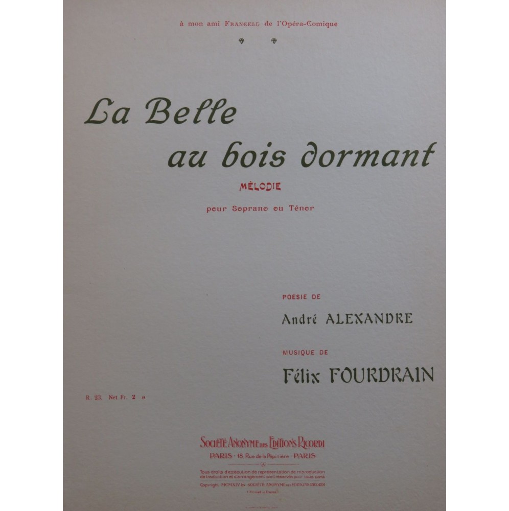 FOURDRAIN Félix La Belle au bois dormant Chant Piano 1914