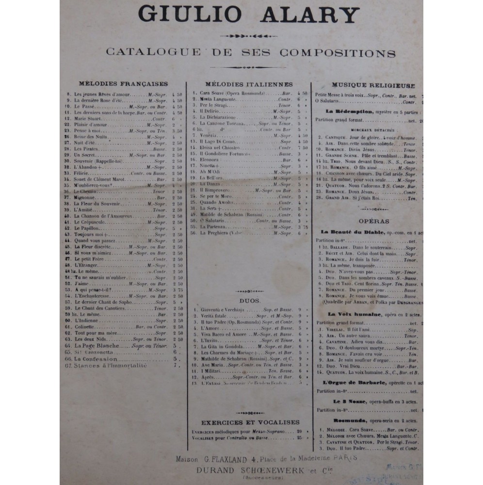ALARY Giulio Colinette Chant Piano ca1870