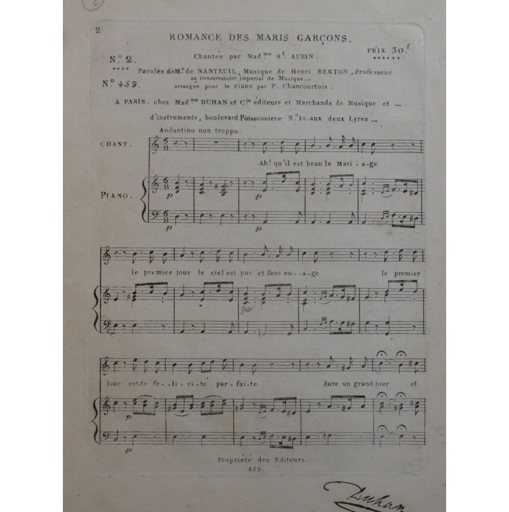 BERTON Henri Romance des Maris Garçons Chant Piano ca1820