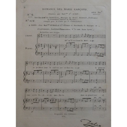 BERTON Henri Romance des Maris Garçons Chant Piano ca1820