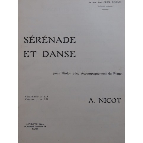 NICOT A. Sérénade et Danse Violon Piano