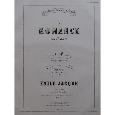 JACQUE Émile Romance sans Paroles Piano Violon ca1860