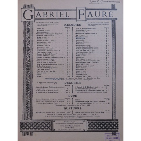 FAURÉ Gabriel Mandoline Chant Piano ca1895