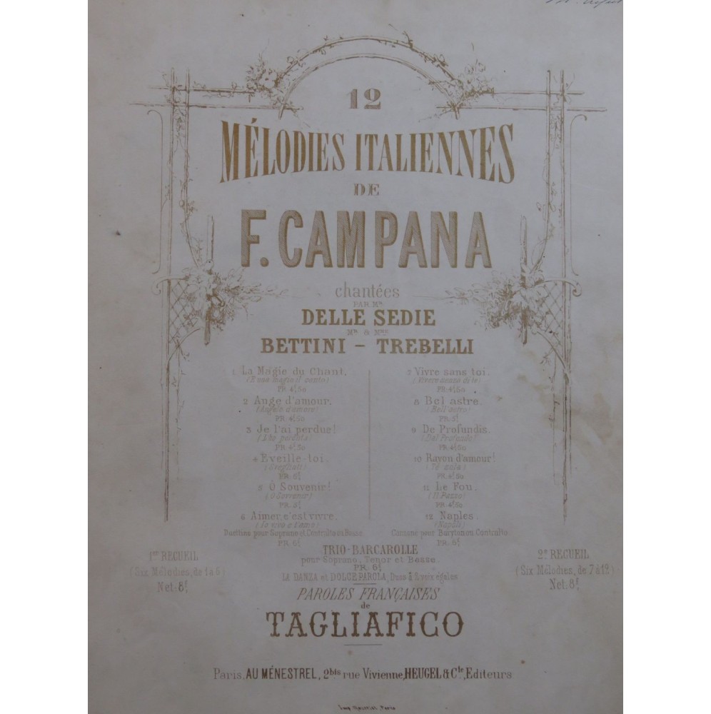 CAMPANA F. Mélodies Italiennes Recueil No 1 Chant Piano ca1860