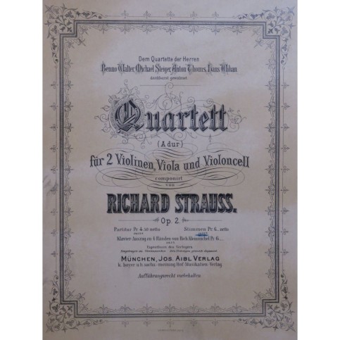STRAUSS Richard Quartett op 2 Violons Alto Violoncelle ca1885