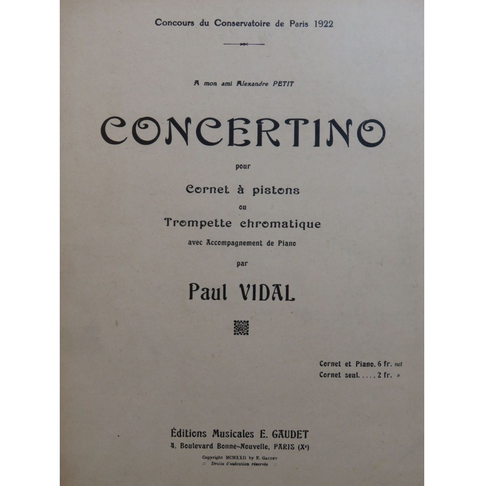 VIDAL Paul Concertino Piano Cornet à Pistons 1922