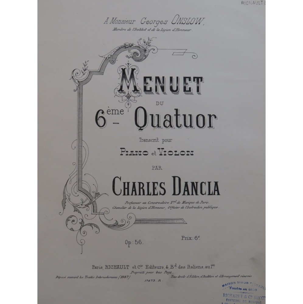 DANCLA Charles Menuet du 6e Quatuor Violon Piano 1887