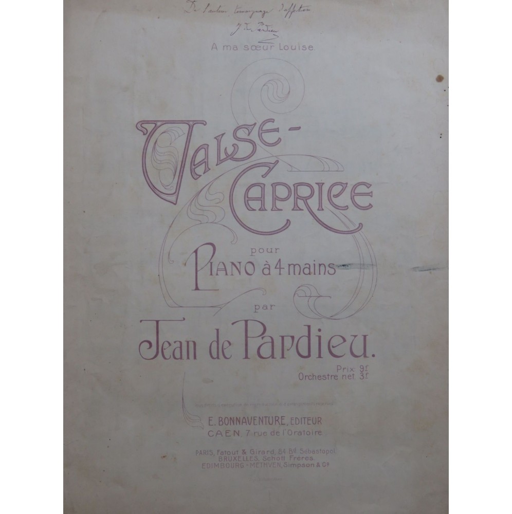 DE PARDIEU Jean Valse Caprice Dédicace Piano 4 mains