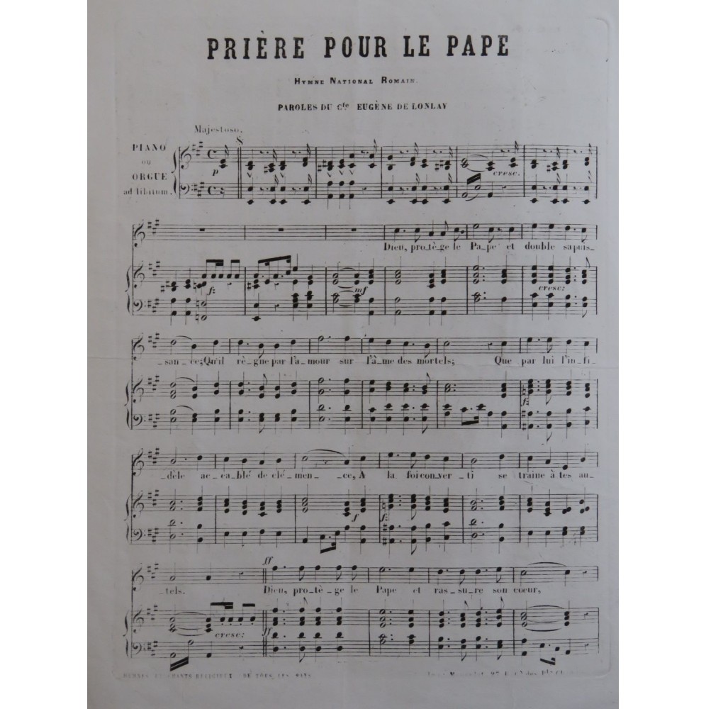 DE LONLAY Eugène Prière pour le Pape Dédicace Chant Piano ca1850