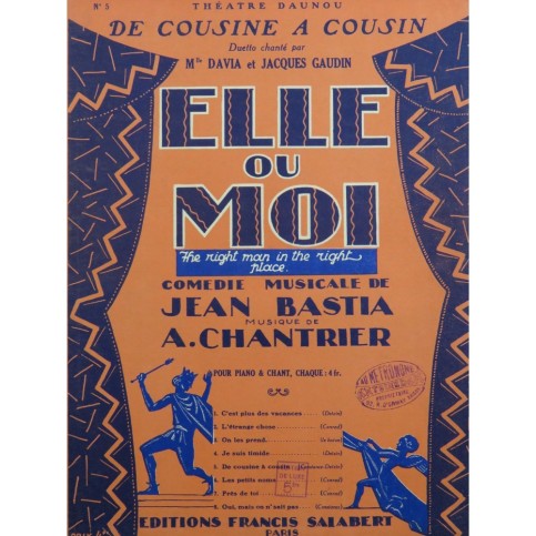 CHANTRIER Albert De Cousine A Cousin Chant Piano 1925
