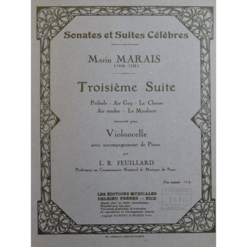 MARAIS Marin Troisième Suite Violoncelle Piano 1936