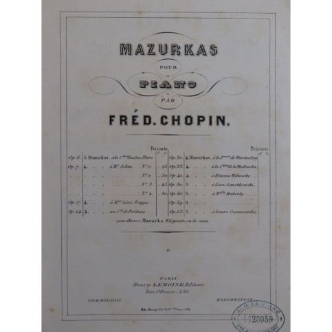 CHOPIN Frédéric Mazurka No 3 op 7 Piano ca1860