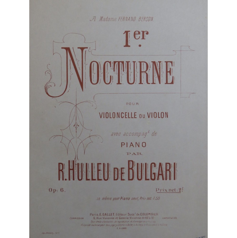 HULLEU DE BULGARI R. Nocturne No 1 Piano Violon ou Violoncelle ca1910