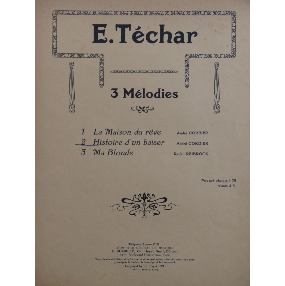 TÉCHAR E. Histoire d'un baiser Chant Piano 1921