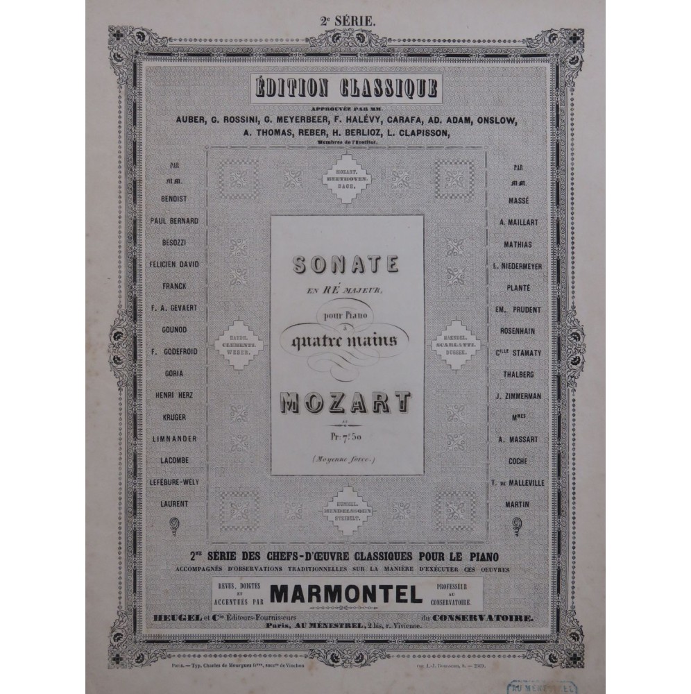 MOZART W. A. Sonate en Ré Majeur Piano 4 Mains ca1860