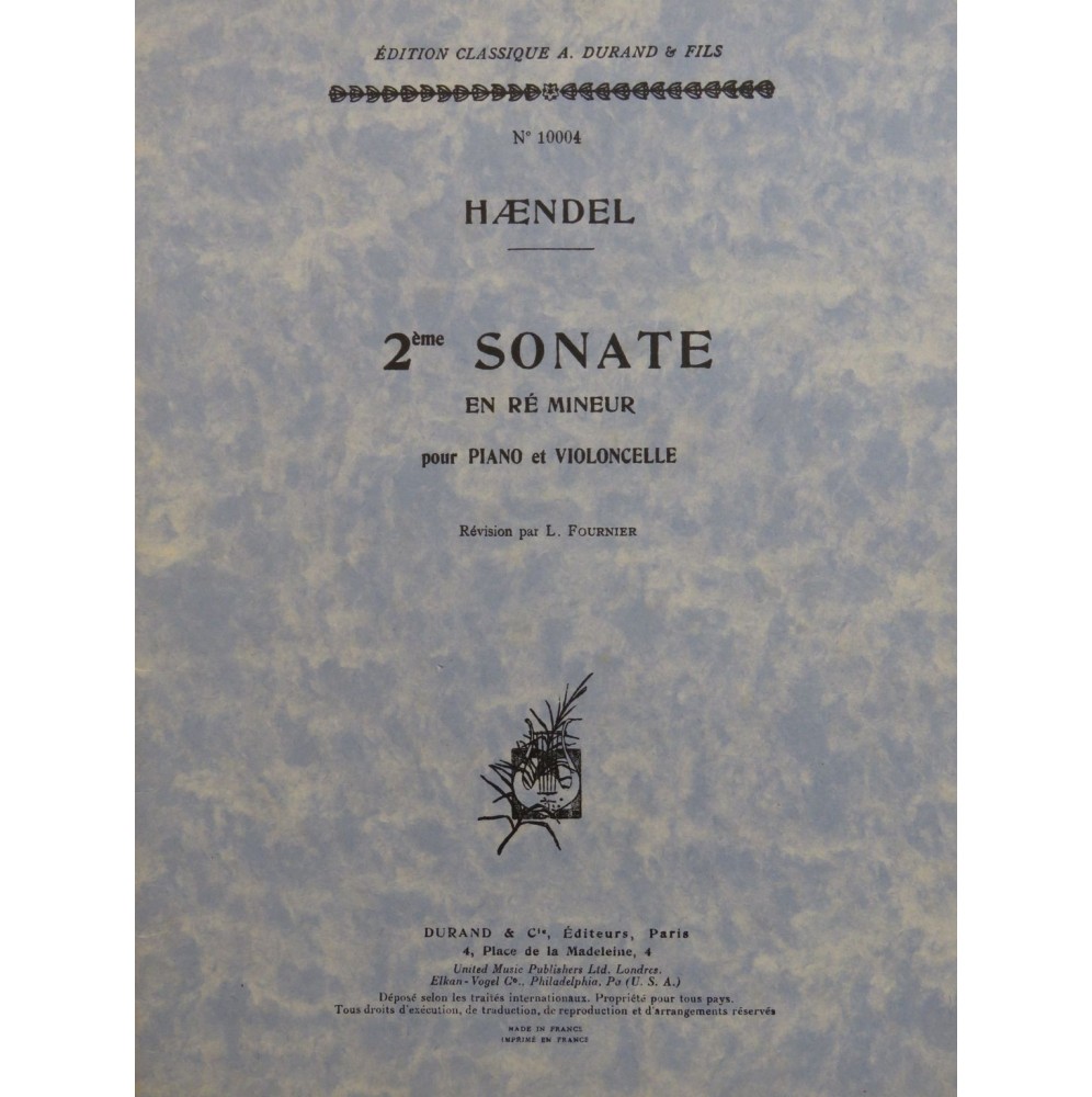 HAENDEL G. F. Sonate No 2 Ré min Violoncelle Piano 1950