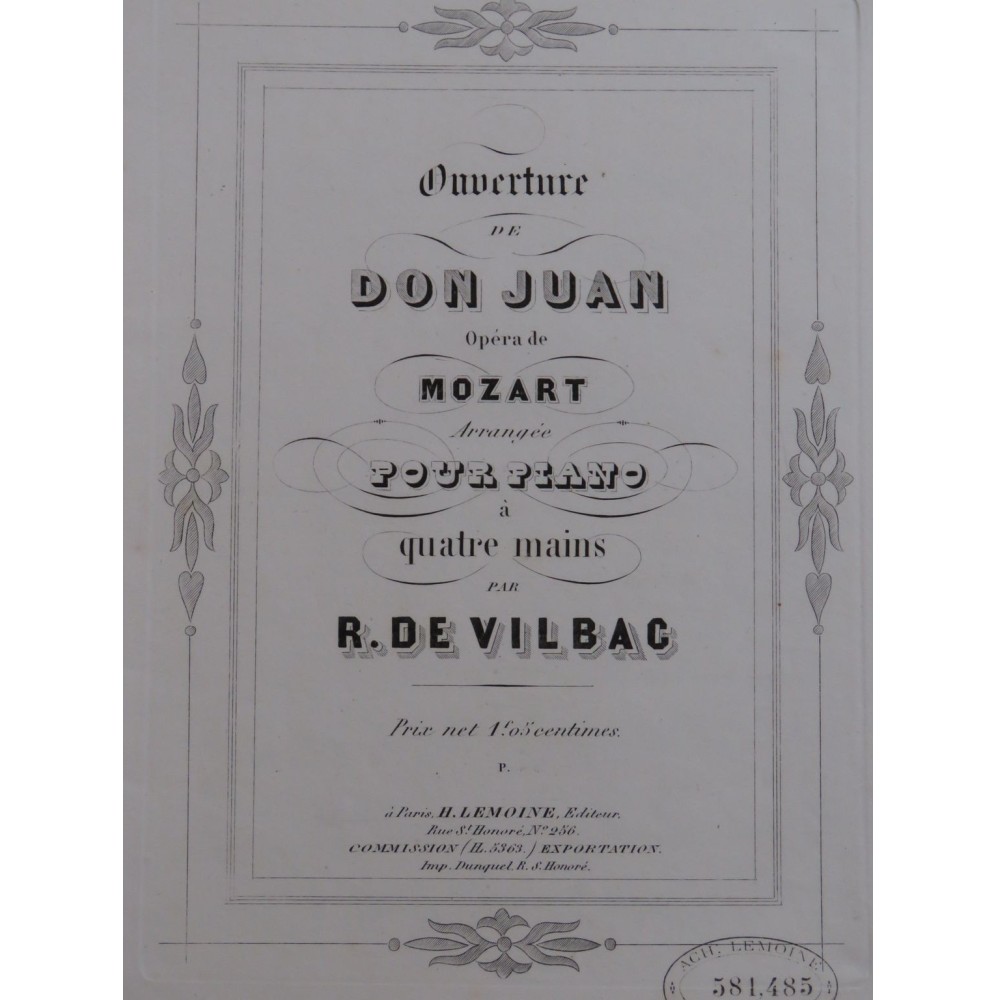 MOZART W. A. Don Juan Ouverture Piano 4 mains ca1860