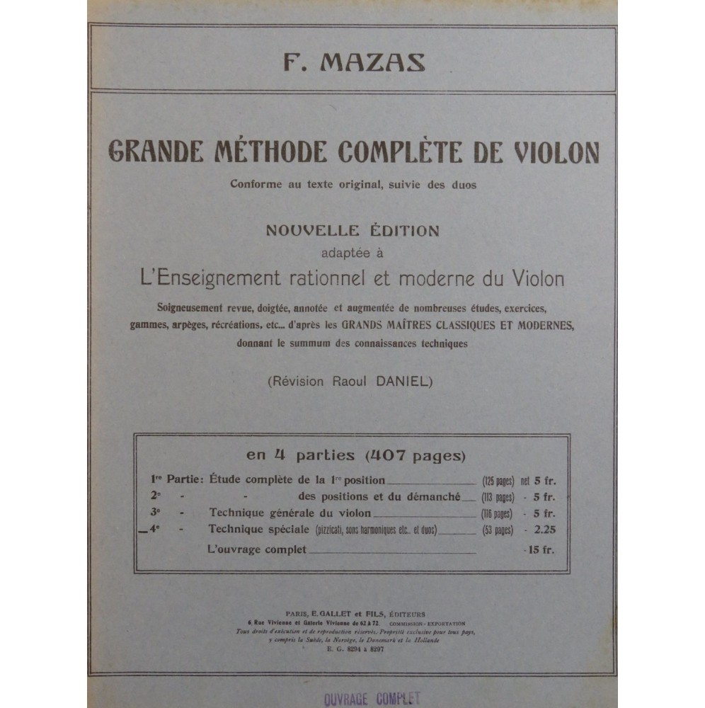 MAZAS F. Grande Méthode Complète de Violon 4ème Partie Violon
