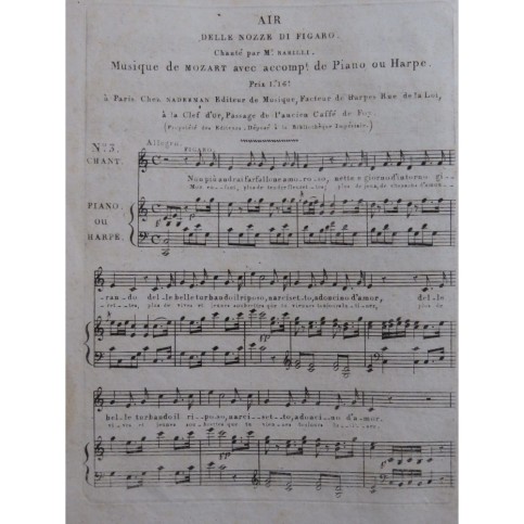 MOZART W. A. Air dellle Nozze di Figaro Chant Piano ou Harpe ca1800