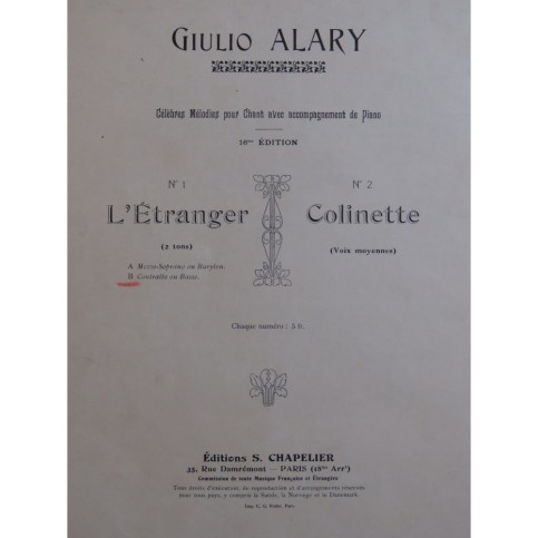 ALARY Giulio L'Étranger Chant Piano